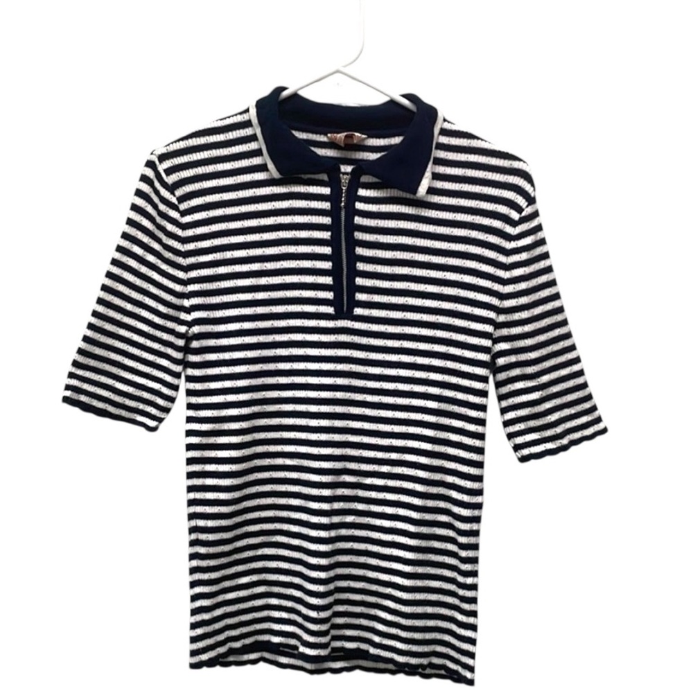 Betty Barclay Striped Navy Blue and White Zip Up Polo Shirt